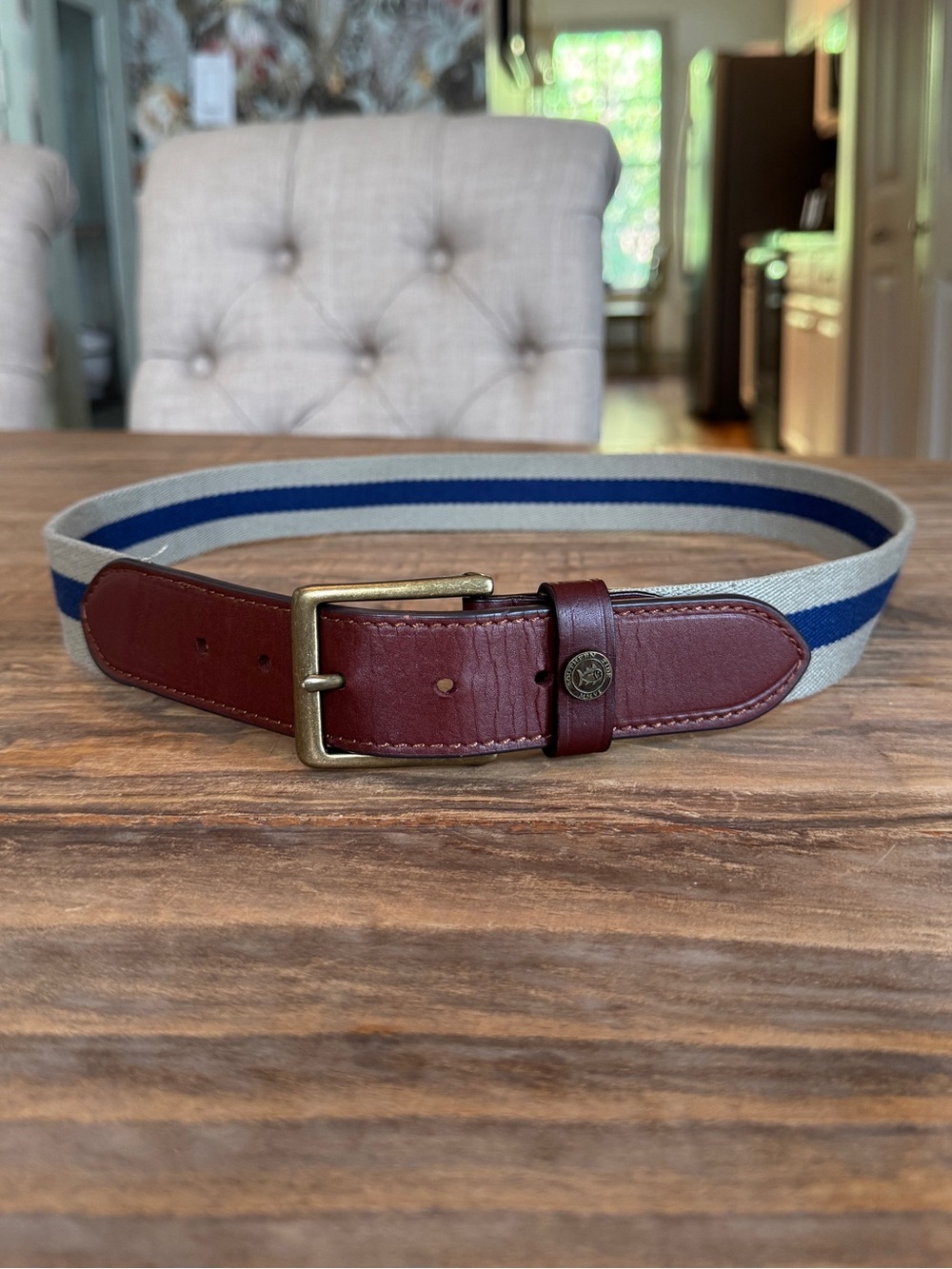 Southern Tide Men's Skipjack Ribbon Belt Brown Leather Blue Striped Fabric 34